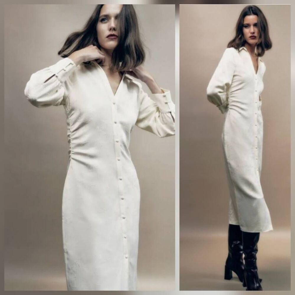 Zara Midi Satin Jacquard Button Down Dress Sz. S